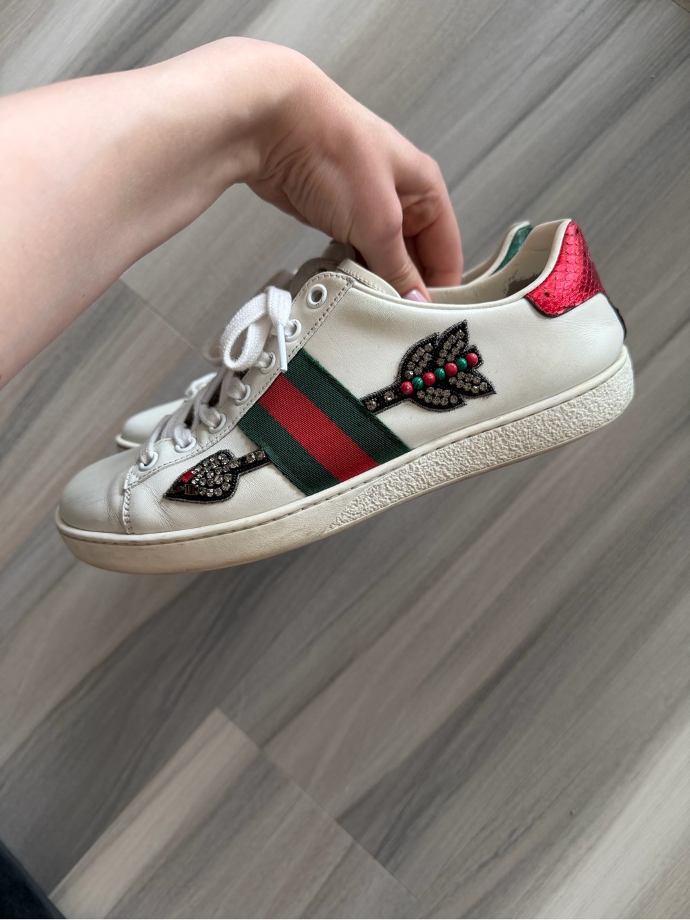 Gucci White Leather Sneaker with Green and Red Web and Pink Heel